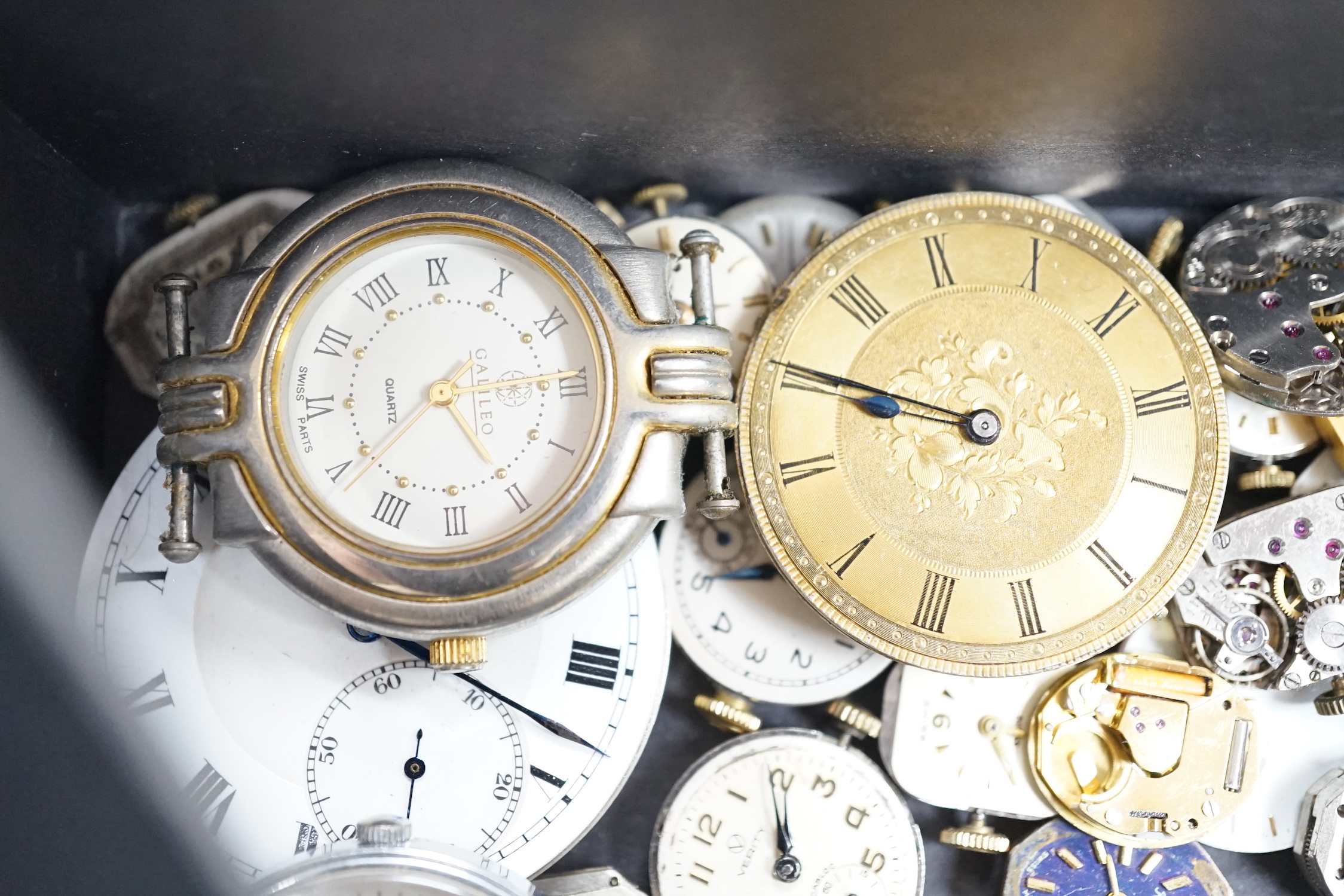Assorted wrist wand pocket watch movements including Waltham and Rotary and a Swiss 935 standard fob watch.